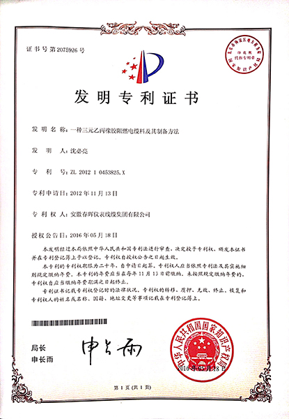春辉集团发明专利证书
